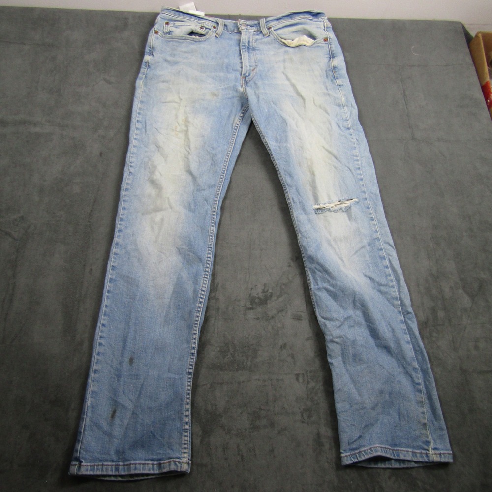 Levi 514 Straight Fit Jeans Mens 34x34 Light Wash Distressed Blue Denim
